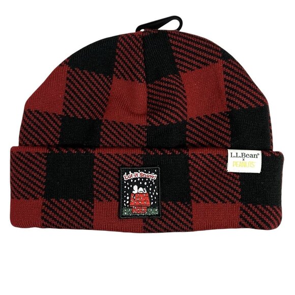 Peanuts Snoopy Beanie Hat Let It Snow LL Bean Red Buffalo Plaid New With Tags - Picture 1 of 7